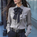 Women's Elegant Ruffle Trim Blouse With Black Bow Tie, Long Sleeve Office Shirt For Spring & Fall
