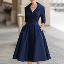 Women's Elegant Solid Cross V-Neck Midi Dress With Flared Skirt And Pockets Spring Summer Formal Dress