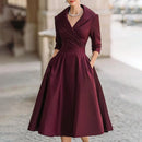 Women's Elegant Solid Cross V-Neck Midi Dress With Flared Skirt And Pockets Spring Summer Formal Dress